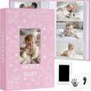 Baby Photo Album 4x6 300 Pockets with Memo Area & Hand and Footprint Kit, Linen Cover Slip-in Memory Book with Front Window, Acid-Free Keepsake for Newborn Boy Girl, First Year Moments, Pink