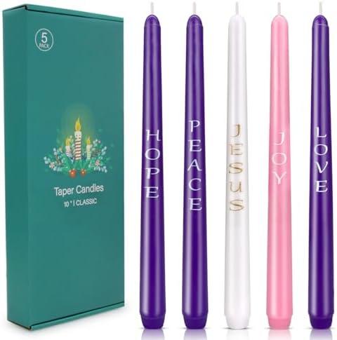 Christmas Advent Candles Set, 3 Purple 1 White and 1 Pink Taper Candles, 10 Inch Unscented Candlestick for Seasonal Celebrations