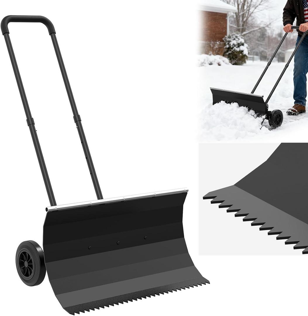 Snow Shovel with Wheels for Driveway,29'' Combined Snow and Ice Removal Design, Angle Adjustable Blade & Handle Snow Pusher Shovel,Efficient Snow Plow for Pavement