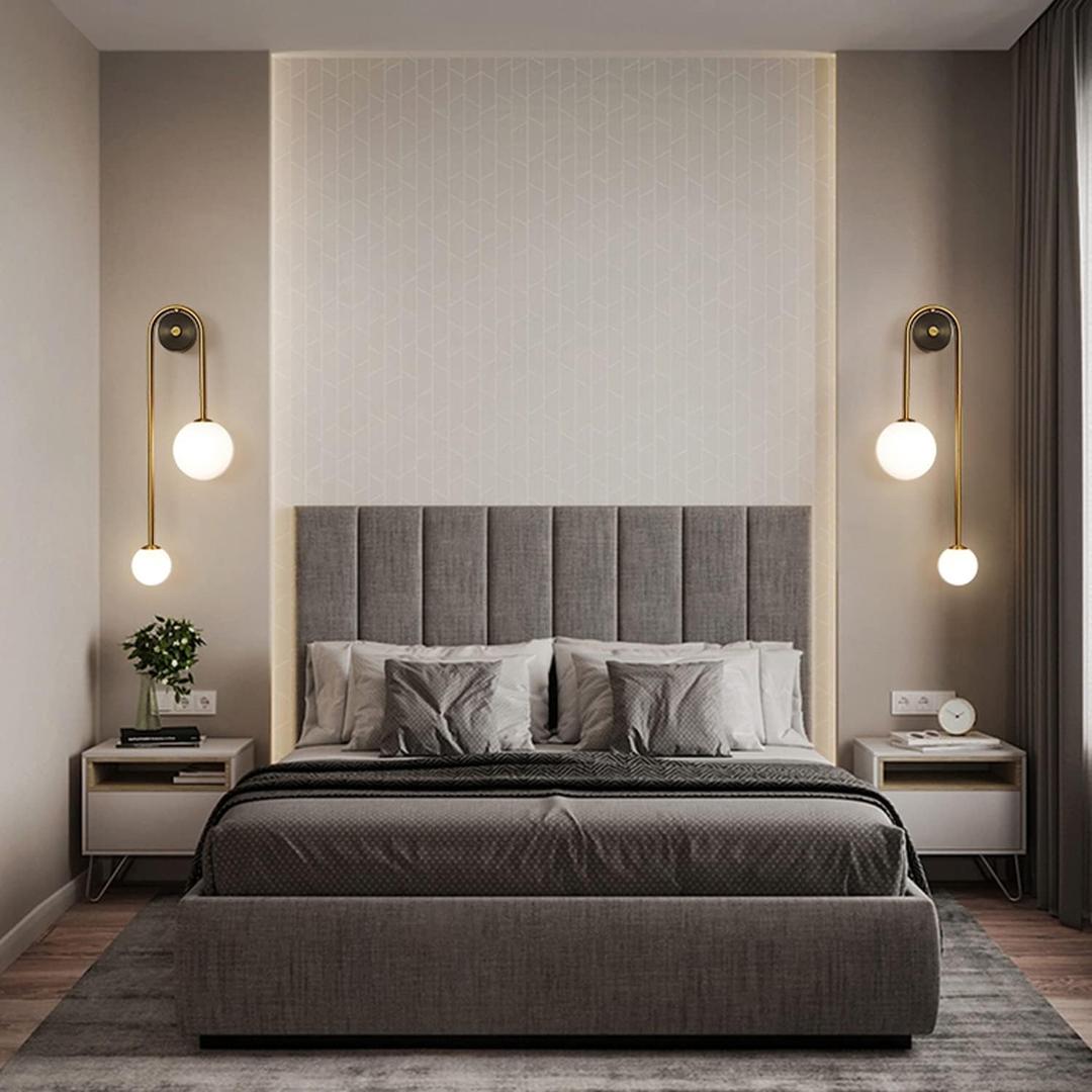 Modern Wall Sconce Set of 2 Mid Century Black Gold Wall Lamp with 2 Milk Glass Shade U-Shape Linear Wall Light for Bedside Dining Room Bathroom