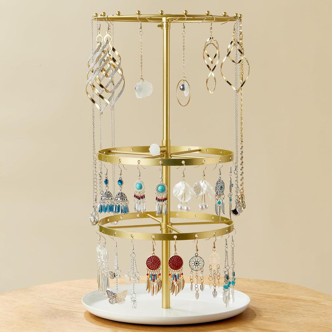 Rotating Earring Holder Organizer: Earrings Tree Display & Storage Stand For Stud Earrings/Pierced Earrings, 3 Tier, Gold