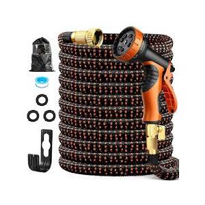 100FT Expandable Garden Hose - with 10-Function Spray Nozzle - Lightweight, Flexible, 3/4" Solid Brass Fittings-champagne