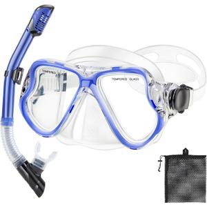 Snorkeling Gear for Adults Kids, Dry Snorkeling Set, Panoramic Anti-Leak and Anti-Fog Tempered Glass Lens, Adjustable Strap Snorkel Set with Mesh Bag Ear Plug for Snorkeling Scuba Diving Travel (Kids(3-14 Ages), Blue+Transparent) Snorkeling Gear for Adults Kids, Dry Snorkeling Set, Panoramic Anti-Leak and Anti-Fog Tempered Glass Lens, Adjustable Strap Snorkel Set with Mesh Bag Ear Plug for Snorkeling Scuba Diving Travel (Kids(3-14 Ages), Blue+Transparent)