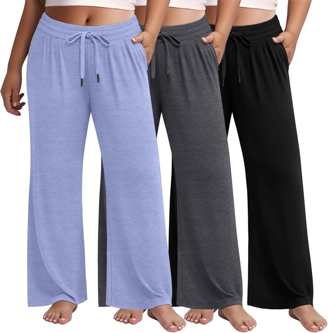 Huukeay 3 Pack Women's Plus Size Pants Wide Leg Yoga Pants Baggy Lounge Sweatpants with Pockets Drawstring High Waist Jogger (Haze Blue, Dark Gray, Black)