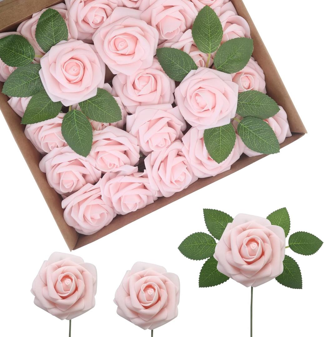 JOYLEX Artificial Flowers Realistic Roses, 100pcs Real Looking Fake Roses with Stem for DIY Wedding Bouquets Centerpieces Bridal Shower Party Home Romantic Decorations (Light Pink), Size Regular 3" - 100pcs