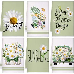 Boyiee Set of 6 Daisy Kitchen Towels Spring Floral Gnome Dishtowels Flower Rustic Tea Towels Absorbent Forest Green Hand Wash Cloth 24"x16" for Farmhouse Kitchen Bathroom Housewarming Gift
