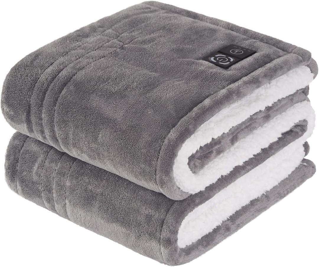 Sealy Heated Blanket Throw with Built-in Button Controller, Reversible Flannel to Sherpa Electric Blanket with 2-10 Hours Auto-Off & 4 Heating Levels, Over-Heat Protection, 50x60 inch, Light Grey