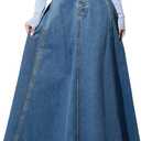 ebossy Women's Retro High Waisted Button Fly Flared Long Jean Skirts Pleated Flowy Swing A-line Denim Maxi Skirts (XXL, Blue)