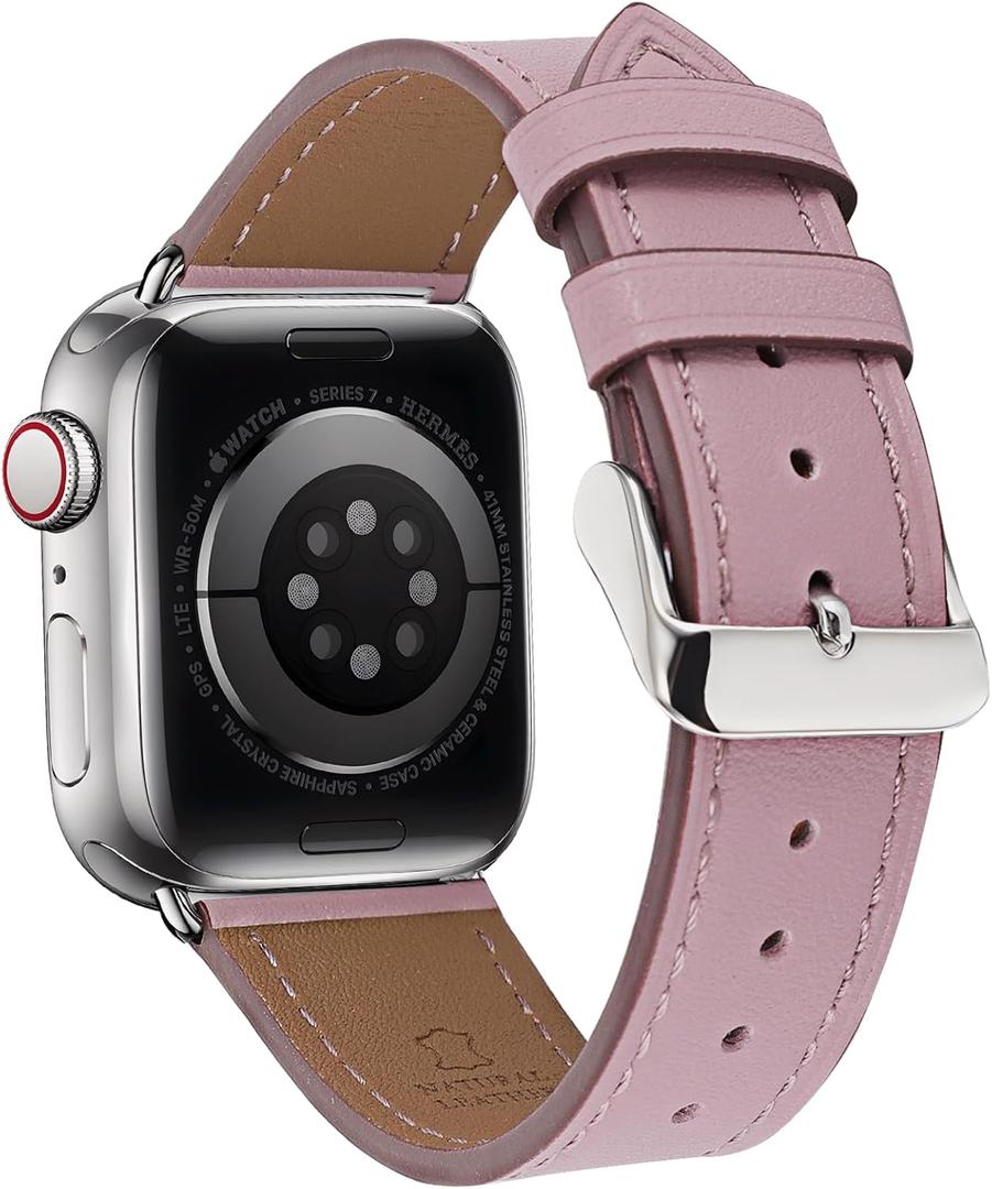 Premium Italy Leather Bands Compatible with Apple Watch Band 40mm 38mm 41mm 42mm 44mm 45mm 46mm 49mm, Soft Leather Watch Replacement Band for Watch Series Ultra SE 10 9 8 7 6 5 4 3 2 1 for Women Men (Lotus Pink)