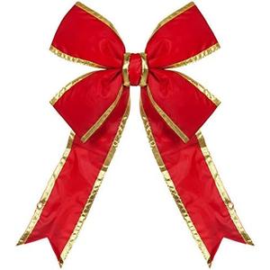 Big Red Large Outdoor Christmas Bow - Commercial House Decorative (18", Red with Gold Trim Structural 3D Nylon)