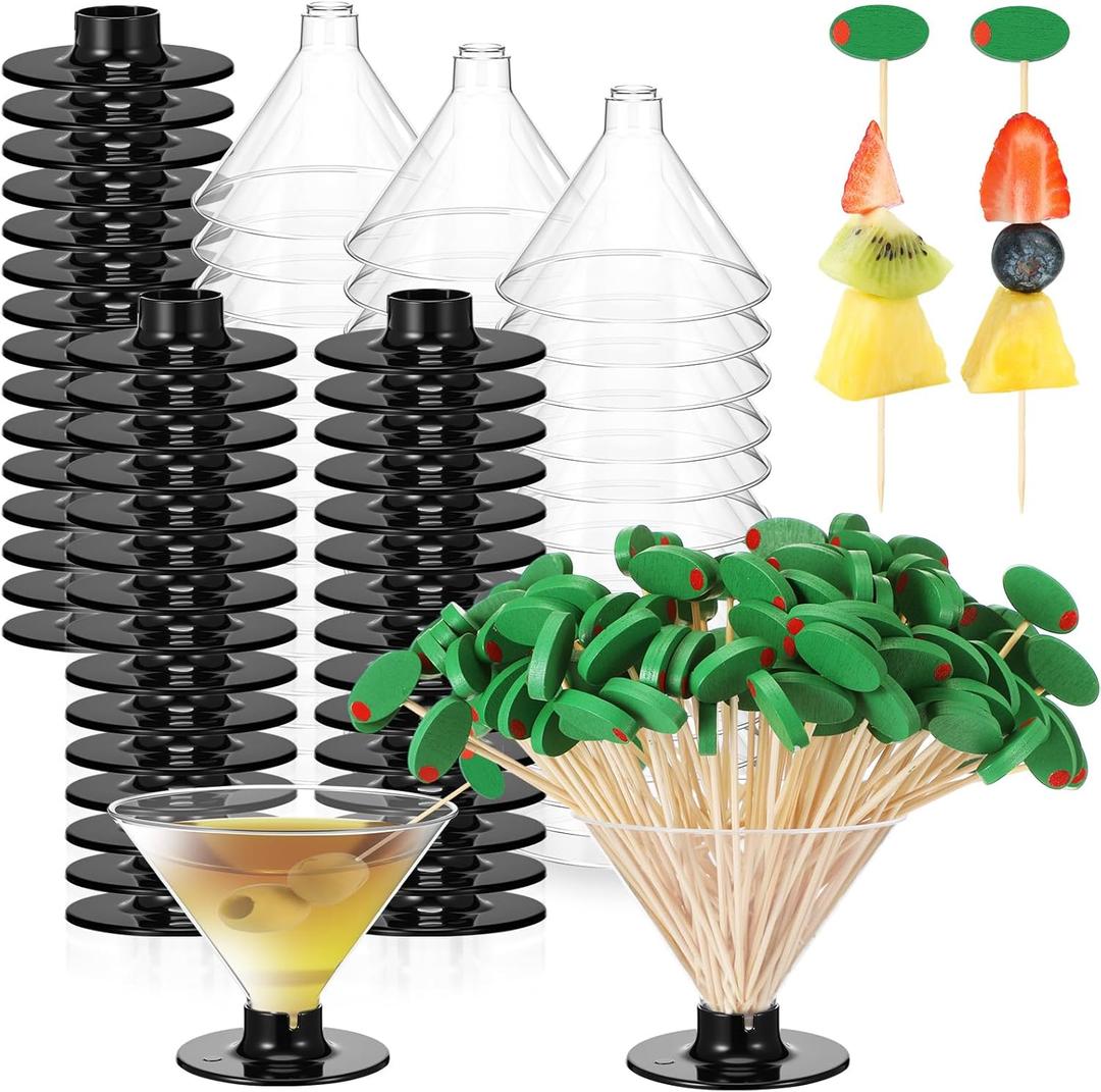 Remerry 70 Plastic Martini Glasses and 150 Olive Cocktail Picks Set 5 oz Disposable Plastic Martini Cups Clear Mini Dessert Glasses for Weddings Party Wine Appetizers Food(Black)