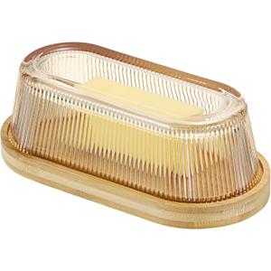 Glass Butter Dish with Lid for Countertop & Firdge, Airtight Bamboo Butter Holder for Home Kitchen Storage, Double-use Premium Glass Storage Container for East Coast Butter (Amber) (Medium)