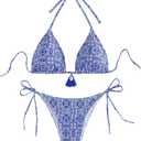 WDIRARA Women's 2 Piece Floral Print Swimsuits Geometric Halter String Triangle Bikini Set Beach Bathing Suit (Light Blue), Small