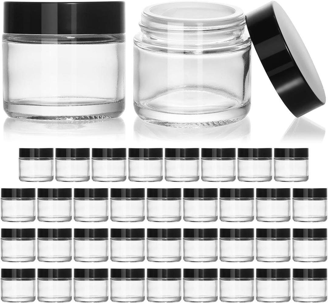 KEYWING 2oz Small Glass Jars with Black Lids, 35 Pack Clear Round Glass Cosmetic Jars with Inner Liners for Lotions, Powders and Ointments