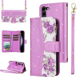 for Samsung Galaxy S23 5G Floral Wallet Case with Flip Zipper Purse Wrist Strap Shoulder Strap, Glitter PU Leather Card Holder Stand Phone Cover for S 23 23S GS23 G5 SM-S911U 6.1 inch Purple