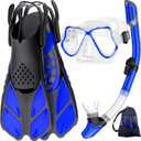 Mask Fins Snorkel Set, Snorkeling Gear for Adults, Panoramic View Snorkel Mask Anti-Fog, Adjustable Dive Flippers, Dry Top Snorkel and Travel Bag, Scuba Gear for Swimming Snorkeling Diving