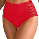 Women High Waisted Bikini Bottom - Red Tummy Control Swimsuit Full Coverage Bathing Suit Side Mesh Swim Bottom 2025 L