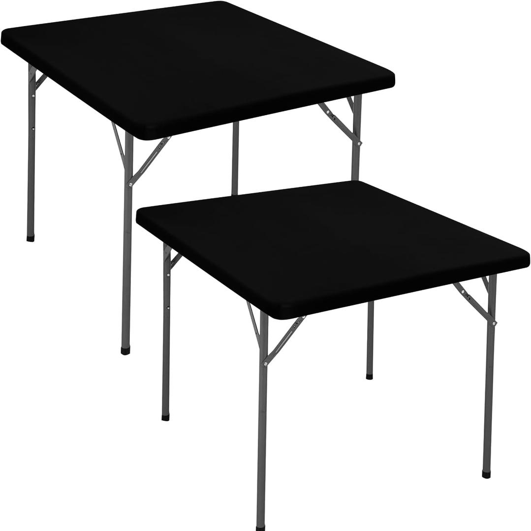 2 Pack Square Fitted Tablecloth for 48 x 48 Inches Card Tables Elastic Picnic Table Cover Waterproof Stretch Washable Patio Folding Outdoor Spandex Table Cloth for Camping Banquet and Parties (Black)