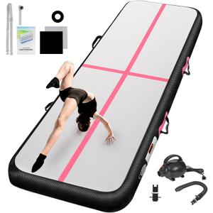 Inflatable Gymnastics Mat 10ft Tumbling Track Mats 4 inches Thick for Home Use/Training/Cheerleading/Yoga/Water with Pump (Pink Black), Size: 10ft*3.3ft*4inch(3m*1m*10cm)