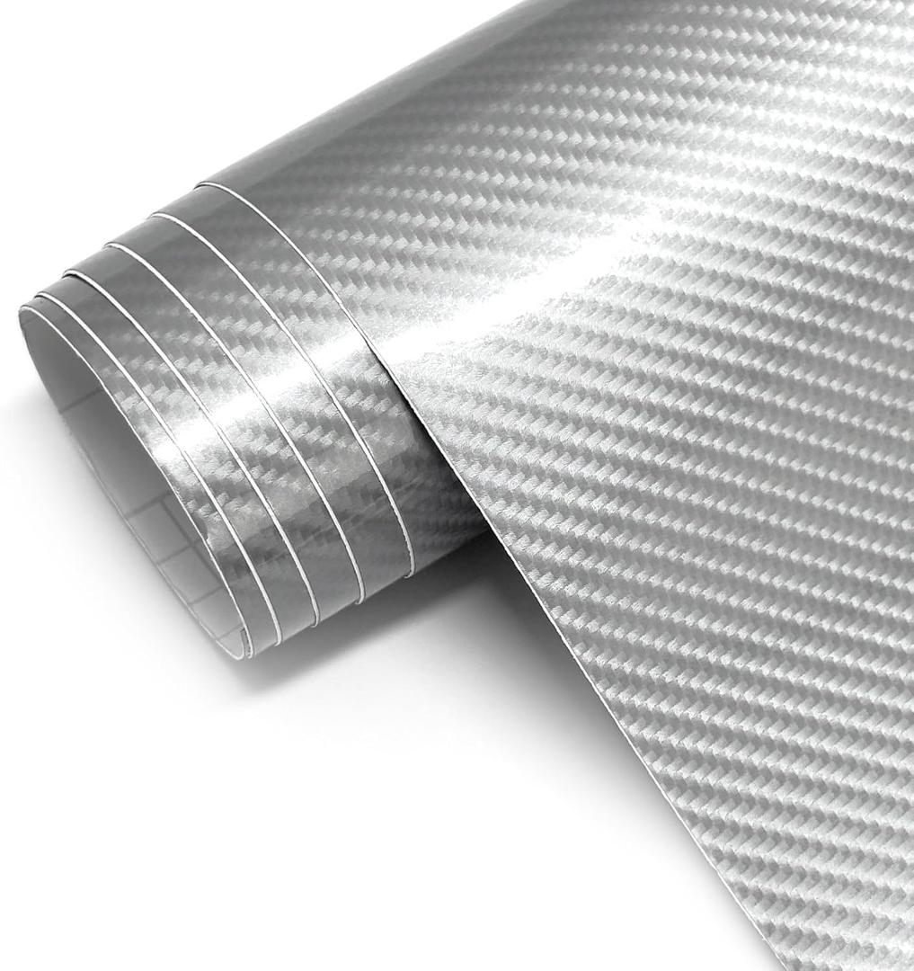 Carbon Fiber Vinyl Wrap for Cars, 6D High Gloss Car Wrap Vinyl Roll with Air Release, PVC Self Adhesive Auto Sticker Decal Interior Exterior (Silver, 1ft x 5ft)