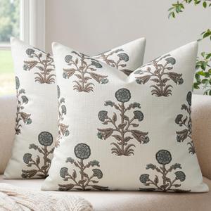 MIULEE Set of 2 Vintage Pillow Covers Neutral Decorative Floral Throw Pillows Block Print Boho Farmhouse Cushion Covers for Modern Rustic Home Decor Sofa Bed Living Room, 18 x 18 Inch, Brown Green