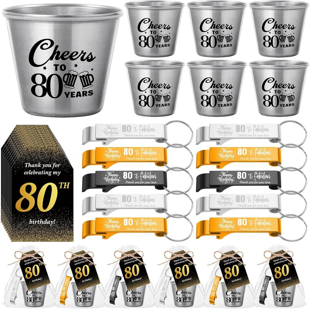 Domensi 30 Sets 80th Birthday Party Favors for Guests Bulk Include Cheers to 80 Years Short Cups Beer Bottle Opener Keychains Thank You Cards with Gift Bags and Ropes for Birthday Party Gifts