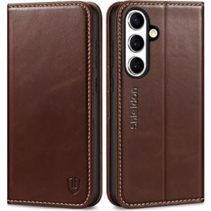 SHIELDON Case for Galaxy S25+ Plus 5G, Genuine Leather Folio Wallet Magnetic Kickstand RFID Blocking Card Slots Shockproof Full Protection Cover Compatible with Galaxy S25+ 6.7" 2025 - Retro Coffee