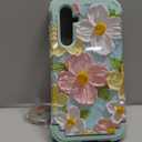 for Galaxy S23 FE Case,3 in 1 Oil Painting Flower Pattern Heavy Duty Shockproof Protection Silicone Rubber Bumper+Hard Plastic Hybrid Protective Cover for Samsung S23 FE 6.4",Green Flower