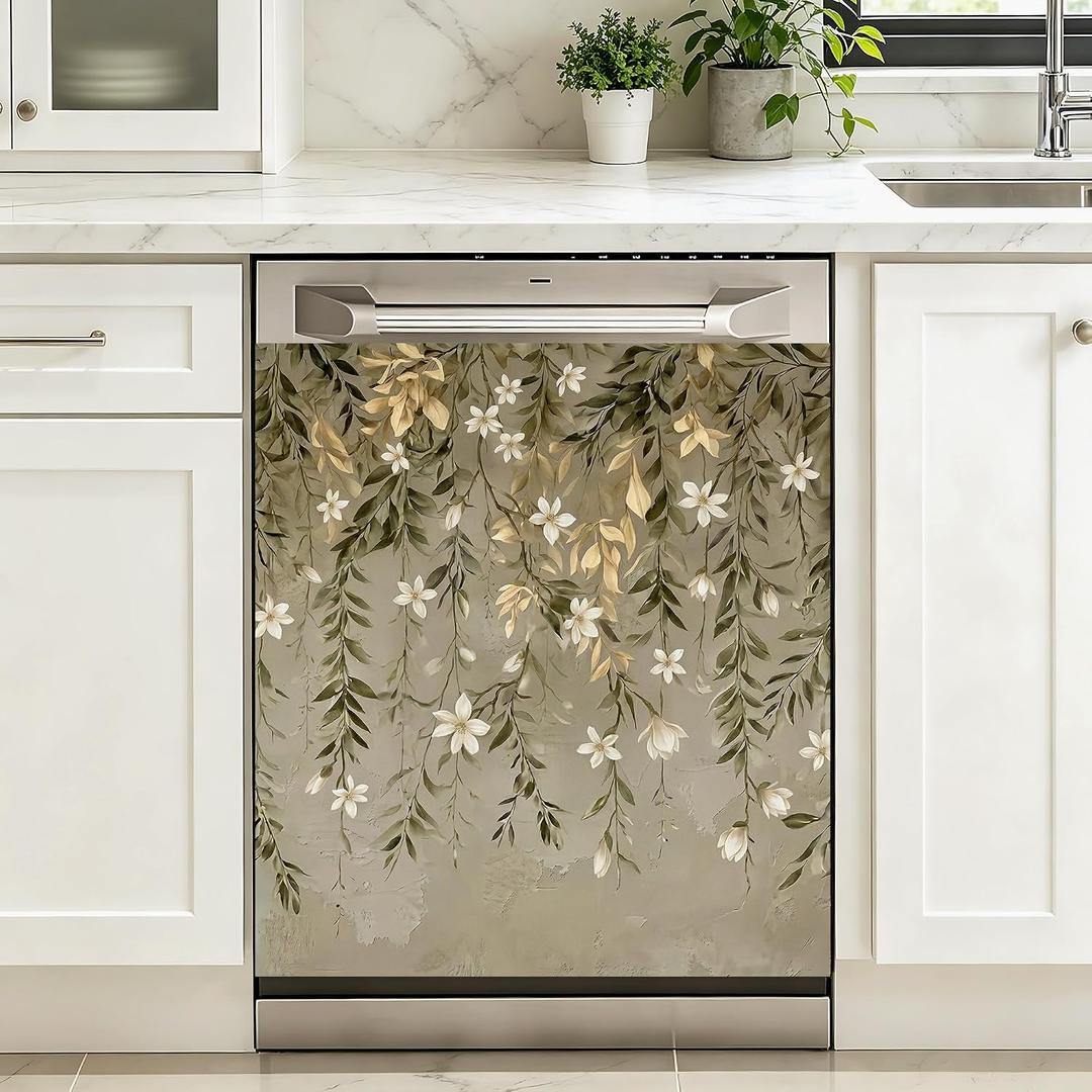 Dishwasher Magnet Cover 23 x 25.5 Inch, White Daisy Floral Dishwasher Magnetic Cover, PVC Dishwasher Decorative Magnet for Kitchen Decor