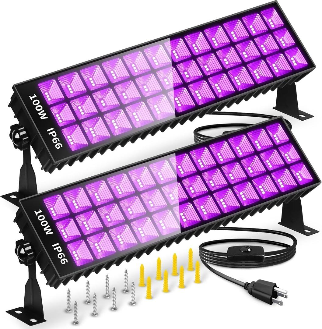 THECHAM 2 Pack 100W LED Black Lights Bar, Black Light for Glow Party, 385-400nm Blacklight Flood Light for Blacklight Party, Bedroom, Halloween, Fluorescent Poster, Body Paint