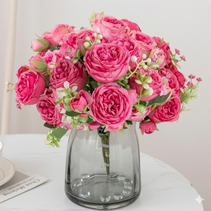 ASTRYAS Artificial Flowers, 3Pcs Silk Fake Peonies Faux Hot Pink Artificial Flowers Peonies Bouquet Arrangements Table Centerpieces for Wedding Office Home Decor Cake (Pink)