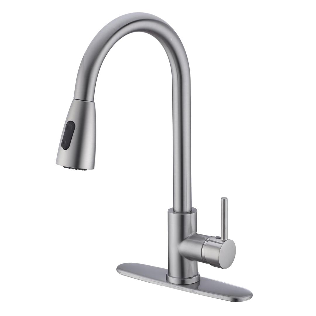 Kmeino Kitchen Faucet with Pull Down Sprayer Polished Chrome, High Arc Single Handle RV Bar Faucet Stainless Steel Kitchen Sink Faucet with Deck Plate for Modern Kitchen Upgrade