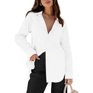 siliteelon Womens Button Down Shirts Dress Shirts Long Sleeve Blouses V Neck Solid Casual Tunics Tops with Pockets (White, L)