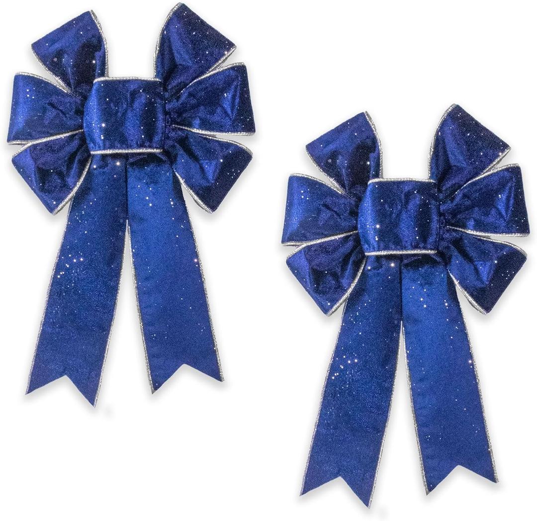 Threetols 2pcs Christmas Wreath Bows, Vintage Blue Velvet Bows for Wreath Xmas Decor Bows for Front Door, Navy Glitter Tree Bows for Winter Xmas Party Home Indoor Outdoor Decor