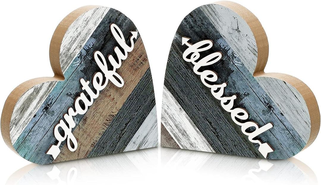 Jetec 2 Pcs Rustic Table Decorations for Living Room Home Farmhouse Table Centerpieces Small Love Wooden Heart Decor for Dining Room Shelf Housewarming Gifts New House Decoration(Grateful Style)