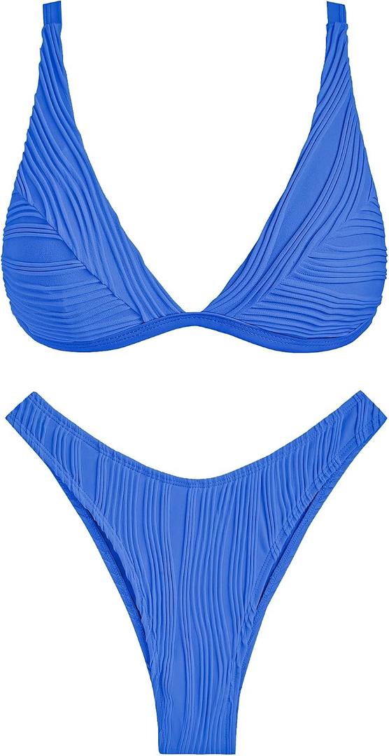ZAFUL Bikini Sets for Women Triangle Textured Plunging High Cut Cheeky Bikini Swimsuits Two Piece Bathing Suits (Blue, L)