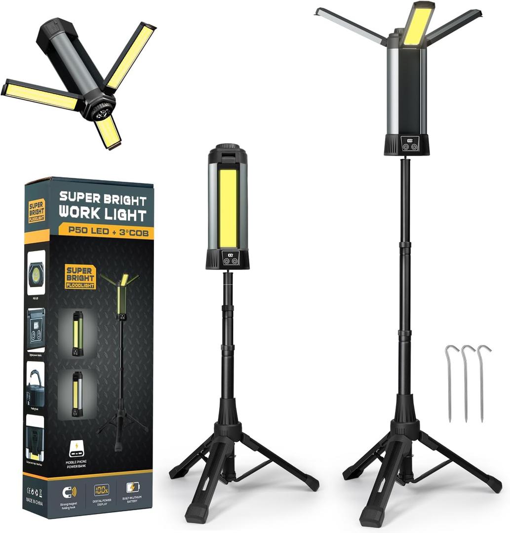 Rechargeable Work Light with Stand, Outdoor LED Cordless Camping Light with Portable Telescopic Bracket, 3.7 Ft Tall 6AH Battery, 2000 Lumen Construction Lights with Carrying Bag Grey Medium