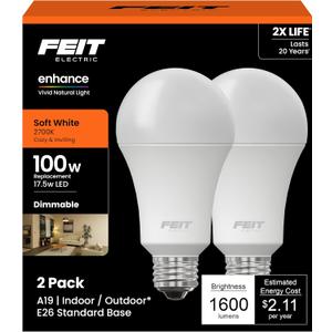 Feit Electric A19 LED Light Bulb, 100W Equivalent, Dimmable, E26 Base, CRI 90, 1600 Lumens, 2700K Soft White, General Purpose Light Bulb, 22-Year Lifetime, OM100DM/927CA/2, 2 Pack