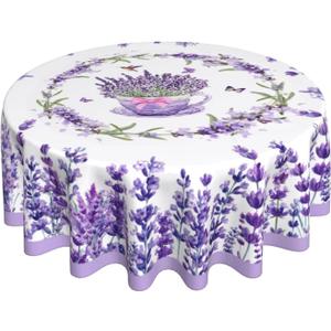 Lavender Flowers Butterfly Tablecloth Spring Summer Round Table Cover Washable Table Cloth for Home Kitchen Party Picnic 60 Inch
