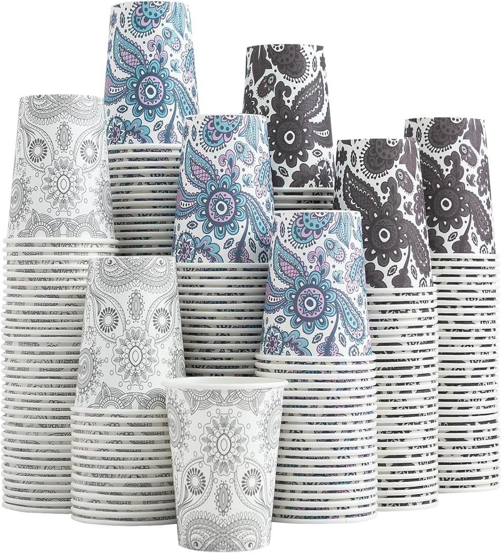 Clawsoff [300 Pack 8 OZ Paper Cups, Disposable Coffee Cups 8 oz Hot/Cold Colourful Beverage Drinking Cups for Office Party Home Picnic (Paisley) (Gray)