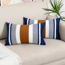 Set of 2 Navy Blue and White Stripe Throw Lumbar Pillow Covers 12x20 inch, Faux Leather Modern Accent Boho Cushion Cover for Couch Living Room Bedroom