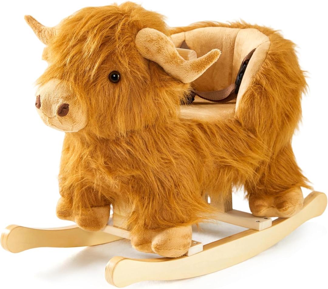 Baby Rocking Horse, Highlander Cattle Wooden Rocking Horse for Toddlers 1 Year Old Cute Cow Stuffed Plush Ride-on Toy Rocking Animal for Baby Boys and Girls Nursery/Child Christmas or Birthday Gift