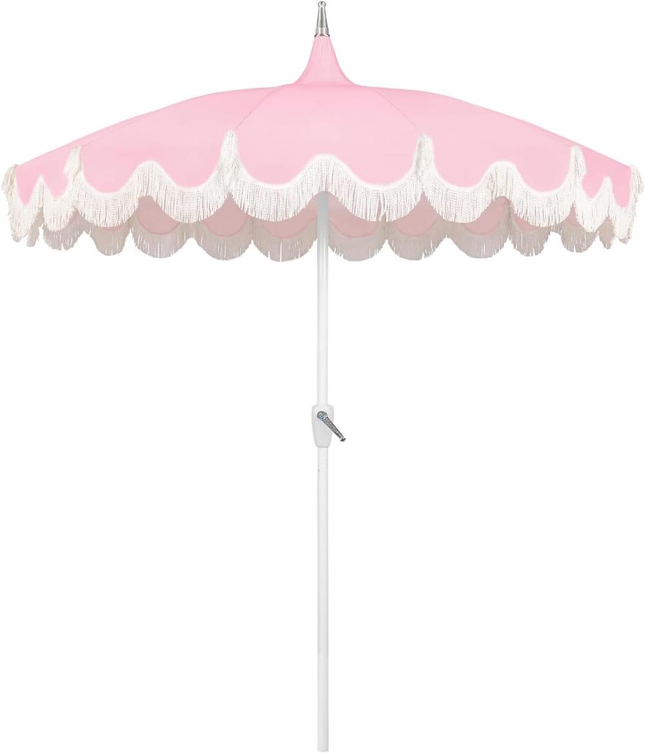 7.5ft Pagoda Patio Umbrella with Fringe, UPF50+ Tassel Umbrella with Crank & Fiberglass Ribs, Holiday Outdoor Umbrella for Garden Pool Lawn Yard Table
