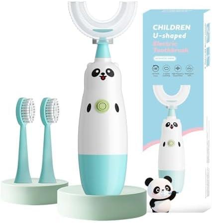 Kids U-Shaped Electric Toothbrush with 2 Brush Heads, Toddlers Sonic with 360 Degree Cleaning, Soft Bristles, Battery Included, IPX7 Waterproof, Cute cartoon for Girls and Boys, Ages 8-13 (Blue)