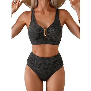 Eomenie Bikini Sets for Women High Waisted Two Piece Bathing Suit U Wired V Neck Swimsuit Adjustable Straps Swimwear medium