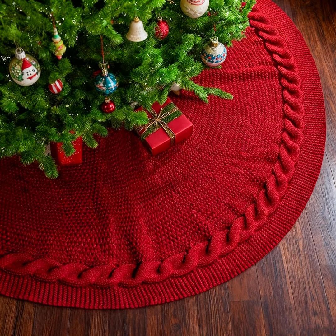 24 Inches Knitted Christmas Tree Skirt for 3-4Ft Tree, Small Tree Skirts for Pencil Tree, Cable Knit Red Thick Christmas Tree Mat, Rustic Farmhouse Decorations Xmas Home Party Holiday DecorRed 24