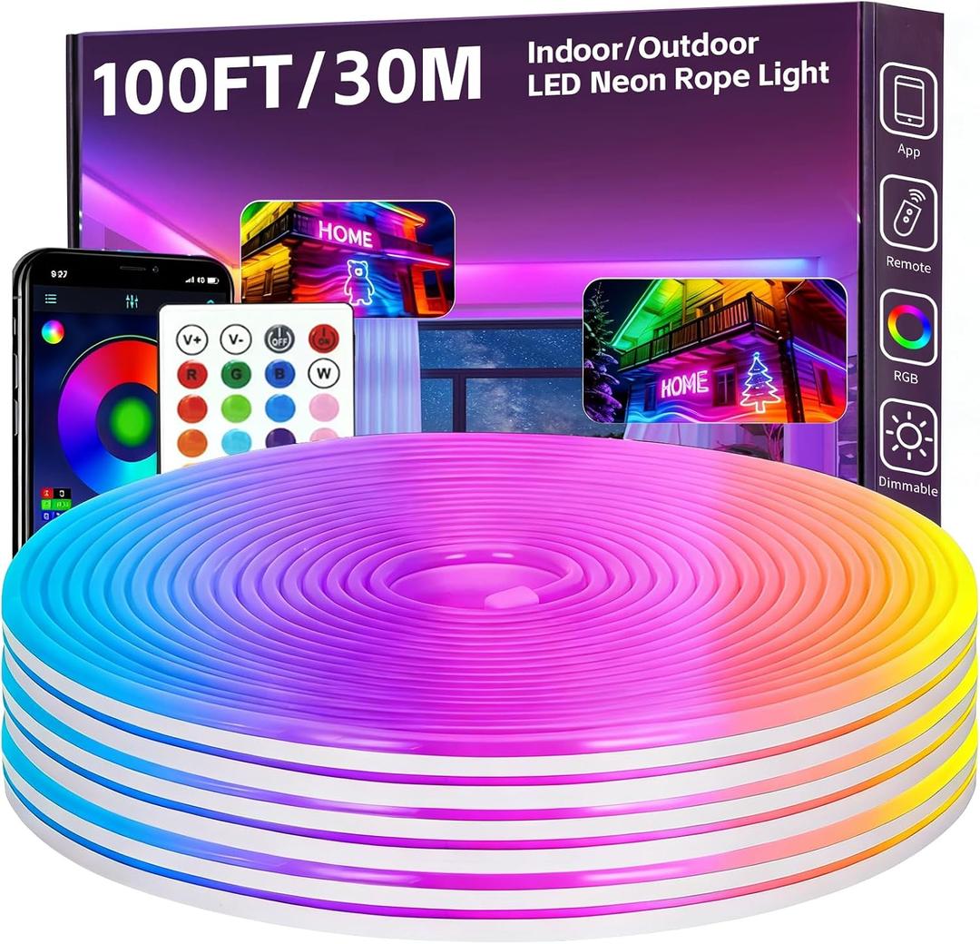 100FT RGB LED Neon Rope Lights, App & Remote Control, Flexible Waterproof IP65 Led Strip Lights, Music Sync Color Changing Multiple Modes Neon Lights for Bedroom Gaming Room Indoor & Outdoor Decor
