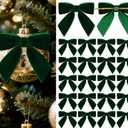 30 Pcs Velvet Bows for Christmas Tree, Pre-Tied Christmas Bows with Twist Ties & Adhesive Dots Vintage Xmas Decor for Garland Wreath Gift Packaging(3 x 3 Inch, Width of 1", Dark Green)