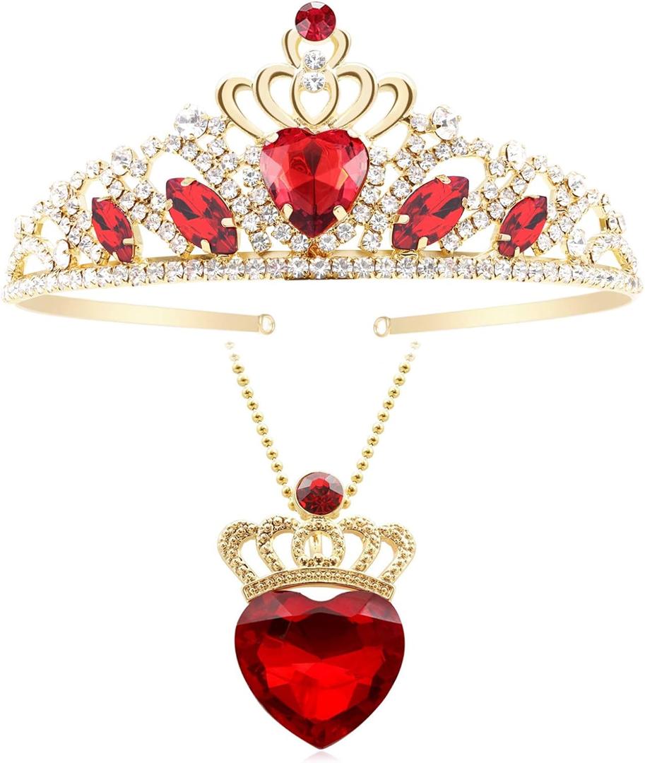 Evie Red Heart Crown and Necklace Descendant 3 Gold Tiara Jewelry Set Queen of Hearts Gift for Party