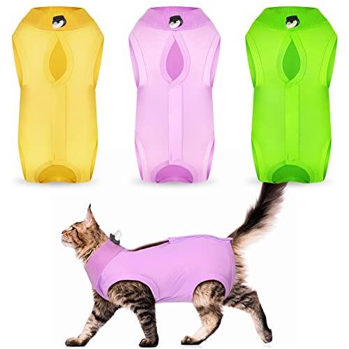 Nuanchu 3 Pieces Cat Recovery Suit Kitten Recovery Suit E-Collar Alternative for Cats and Dogs Abdominal Skin Anti Licking Pajama Clothes Sets(Small,Simple Style,Yellow Green Pink)